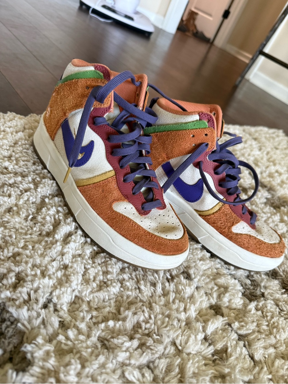 Nike Kids High-Top Sneakers in Orange, Purple, Green & White